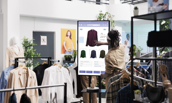 Client using touch screen board in trendy clothing store, shopping for fashion collection items in shop. Young buyer buying clothes on interactive monitor, self ordering concept.